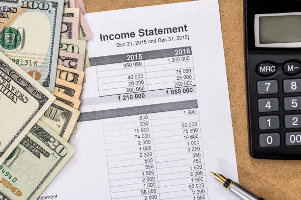 Save money concept - doc income statement with pen, calculator and money